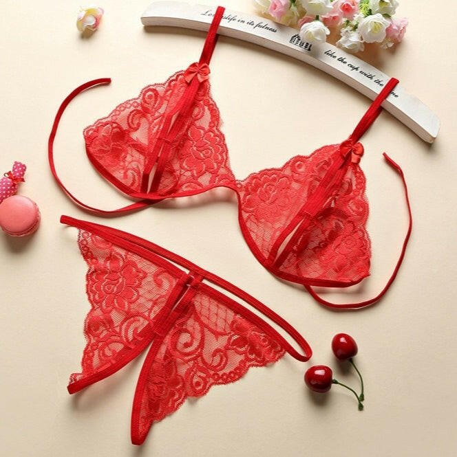 Ensemble de lingerie sexy – Soutien-gorge et culotte en dentelle transparente, vêtements de nuit boudoir