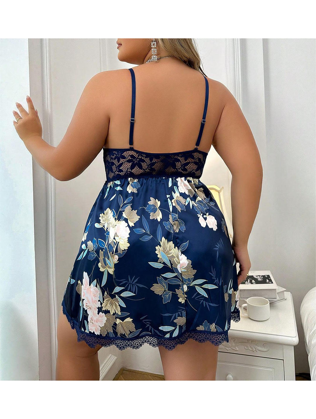 Mini-robe en dentelle florale grande taille – Ensemble de lingerie babydoll sexy avec string assorti