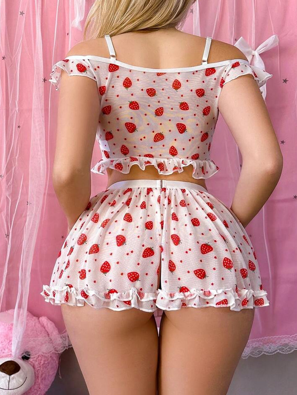 Strawberry Lace Babydoll Lingerie Set with Panty – Cute Off-Shoulder Mesh Nightdress for Women (S–XL)