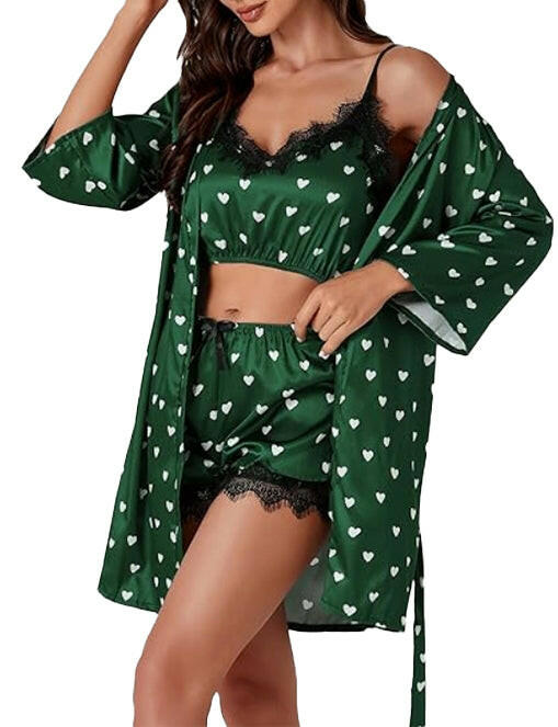 Ensemble de lingerie 3 pièces en satin de soie avec haut caraco et short en dentelle pour femme, pyjama à motif cœur mignon 