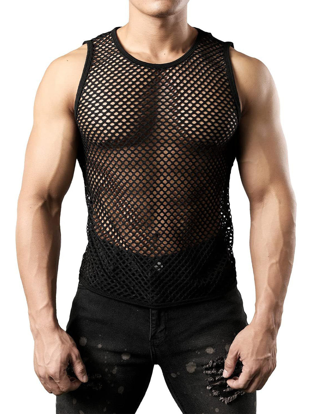 Haut sexy en résille pour homme - T-shirt de sport pour rave et clubwear