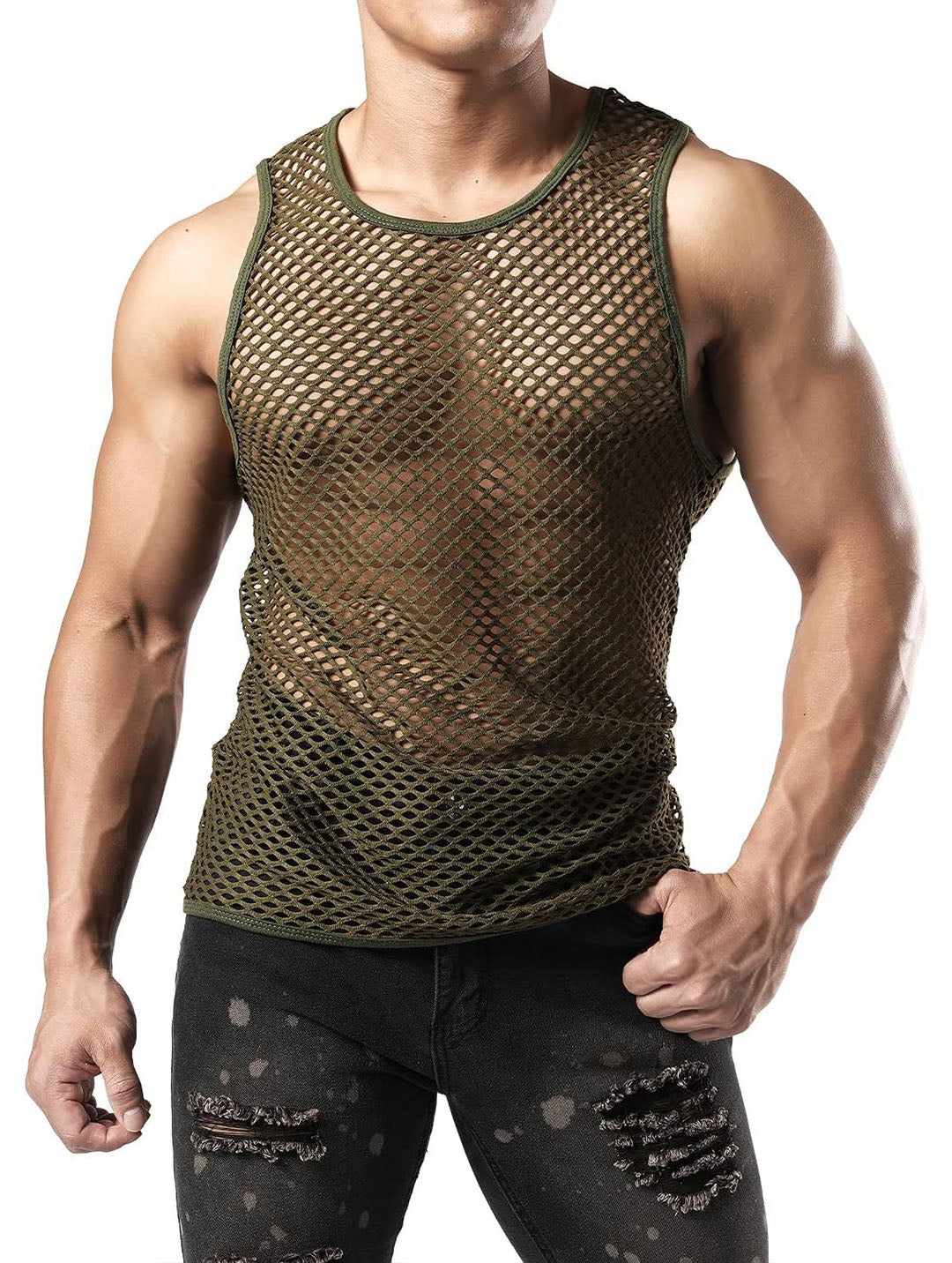 Haut sexy en résille pour homme - T-shirt de sport pour rave et clubwear