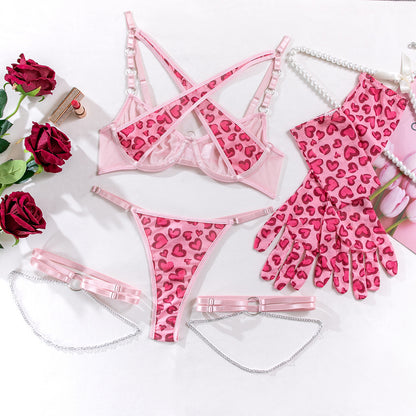 Sexy Leopard Print Lingerie Set – Erotic Boudoir Outfit with Metal Chain, Tulle, Thongs & Gloves