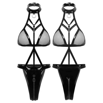 Wet Look Leather Bodysuit – Mesh Patchwork Halter Neck High Cut Clubwear