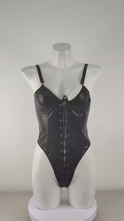 Body en cuir noir pour femme Ensemble de lingerie Teddy Body Lingerie grande taille